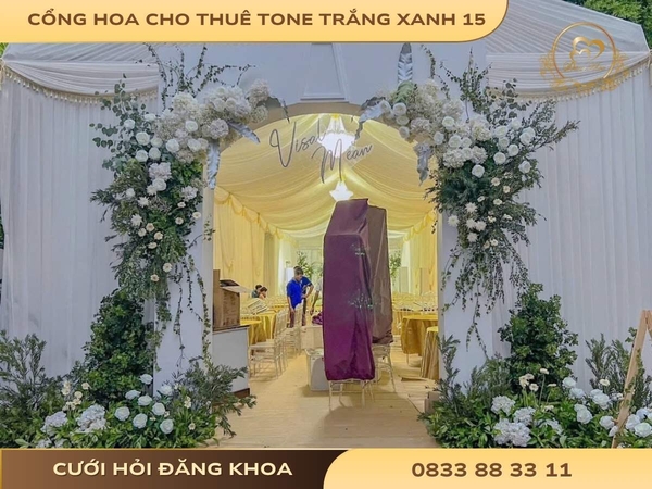 Cổng hoa cho thuê tone trắng xanh 15