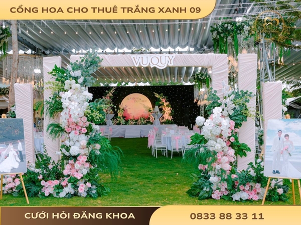 Cổng hoa cho thuê tone trắng xanh 09