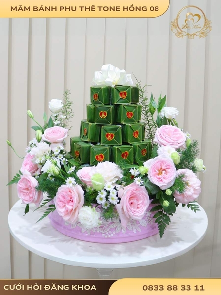 Mâm bánh phu thê & hoa tươi tone hồng 08