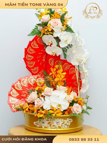 Mâm tiền & hoa tươi tone vàng 04