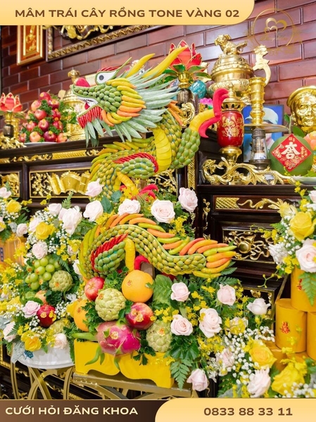 Mâm trái cây rồng & hoa tươi tone vàng 02